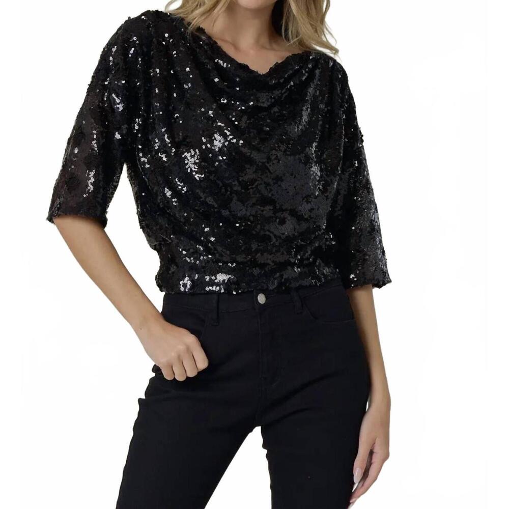 NEW SAINTS & HEARTS drop shoulder sequin top in black